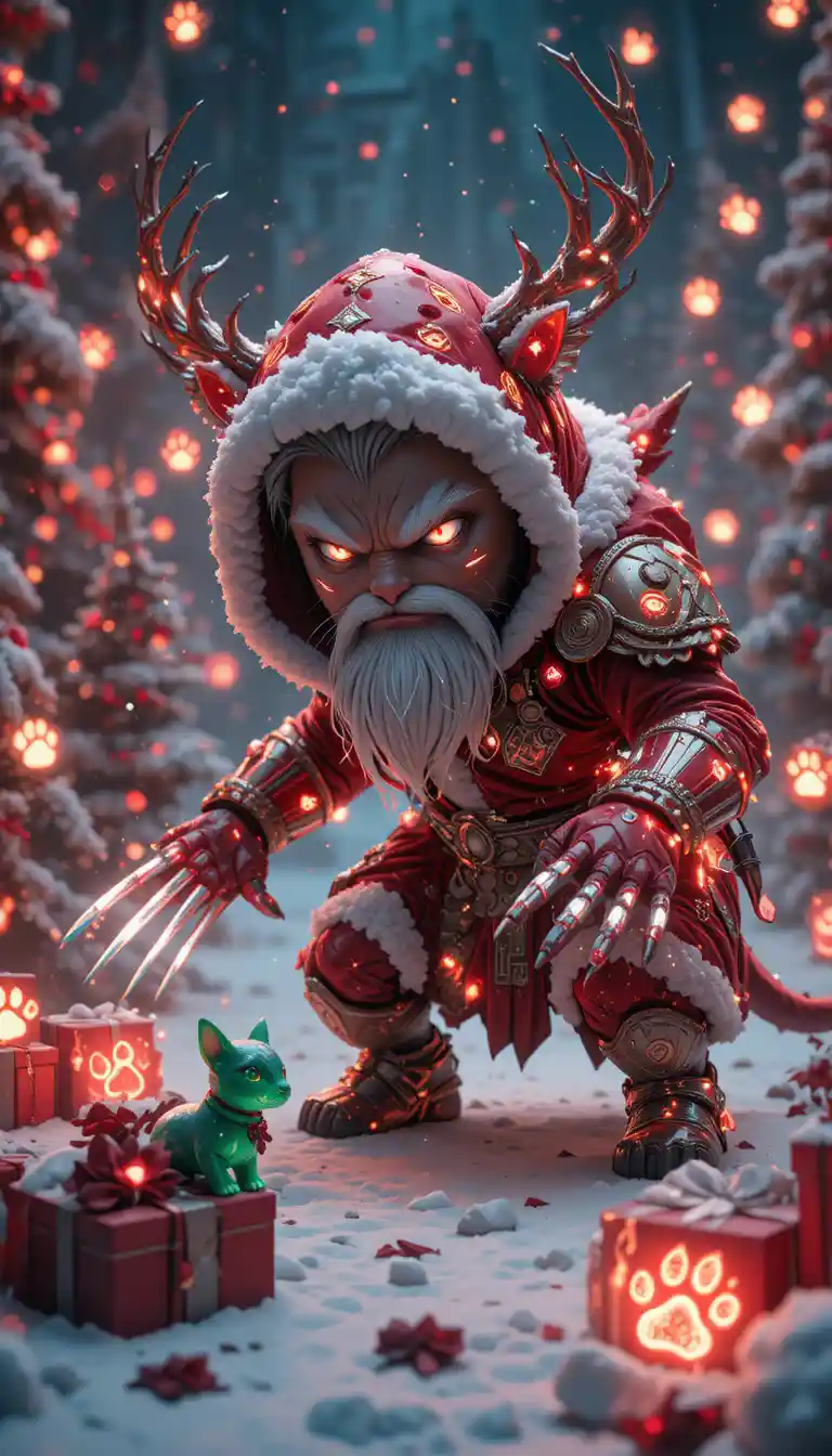 Runic crystal cat warrior in red hooded santa armor