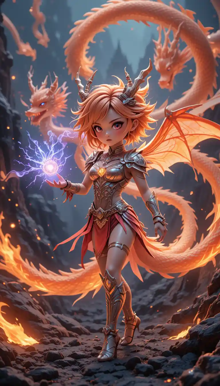 Fiery anime warrior woman with dragon wings in battle