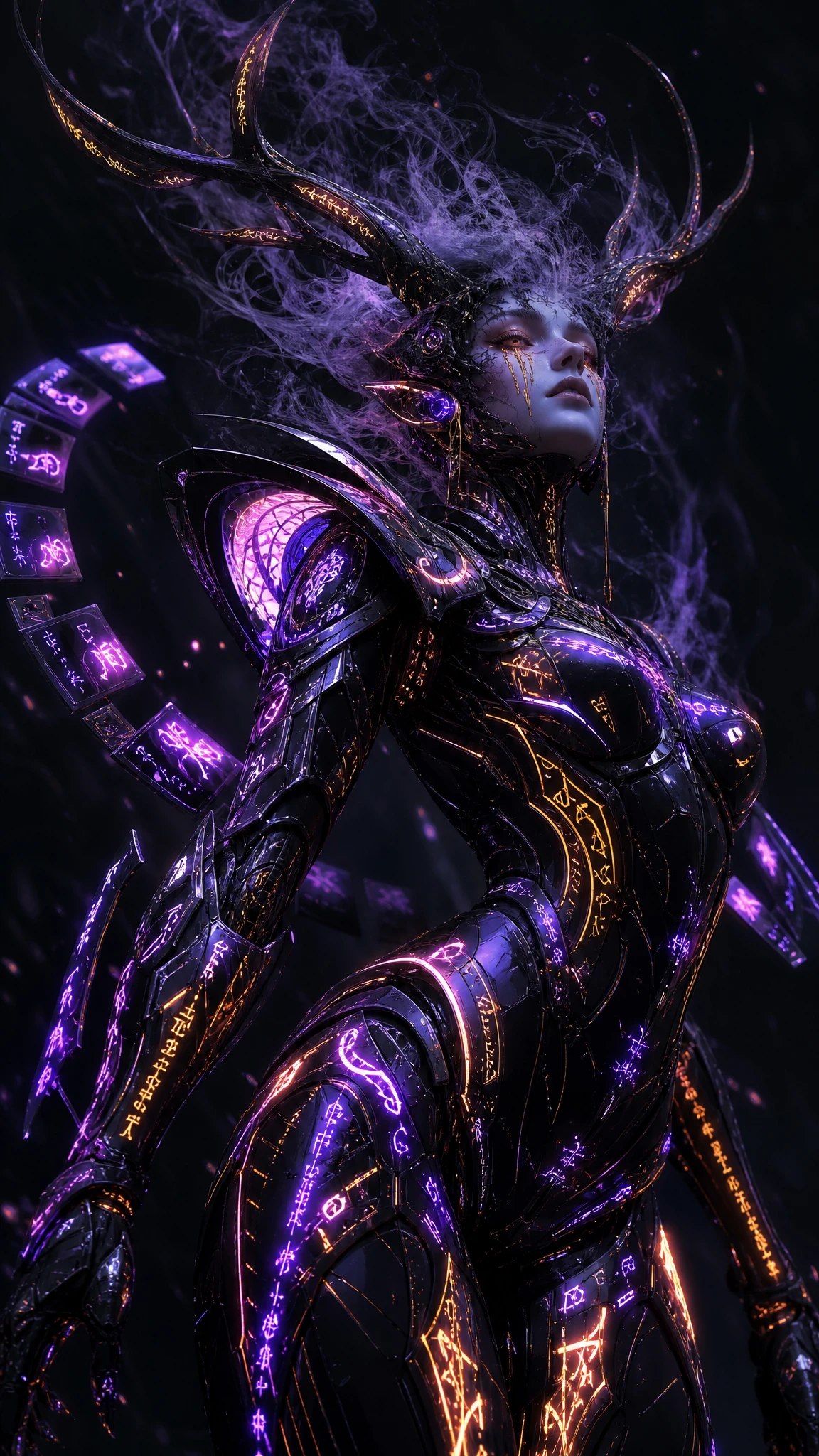 Cyberpunk woman with antlers in glowing mechanical armor