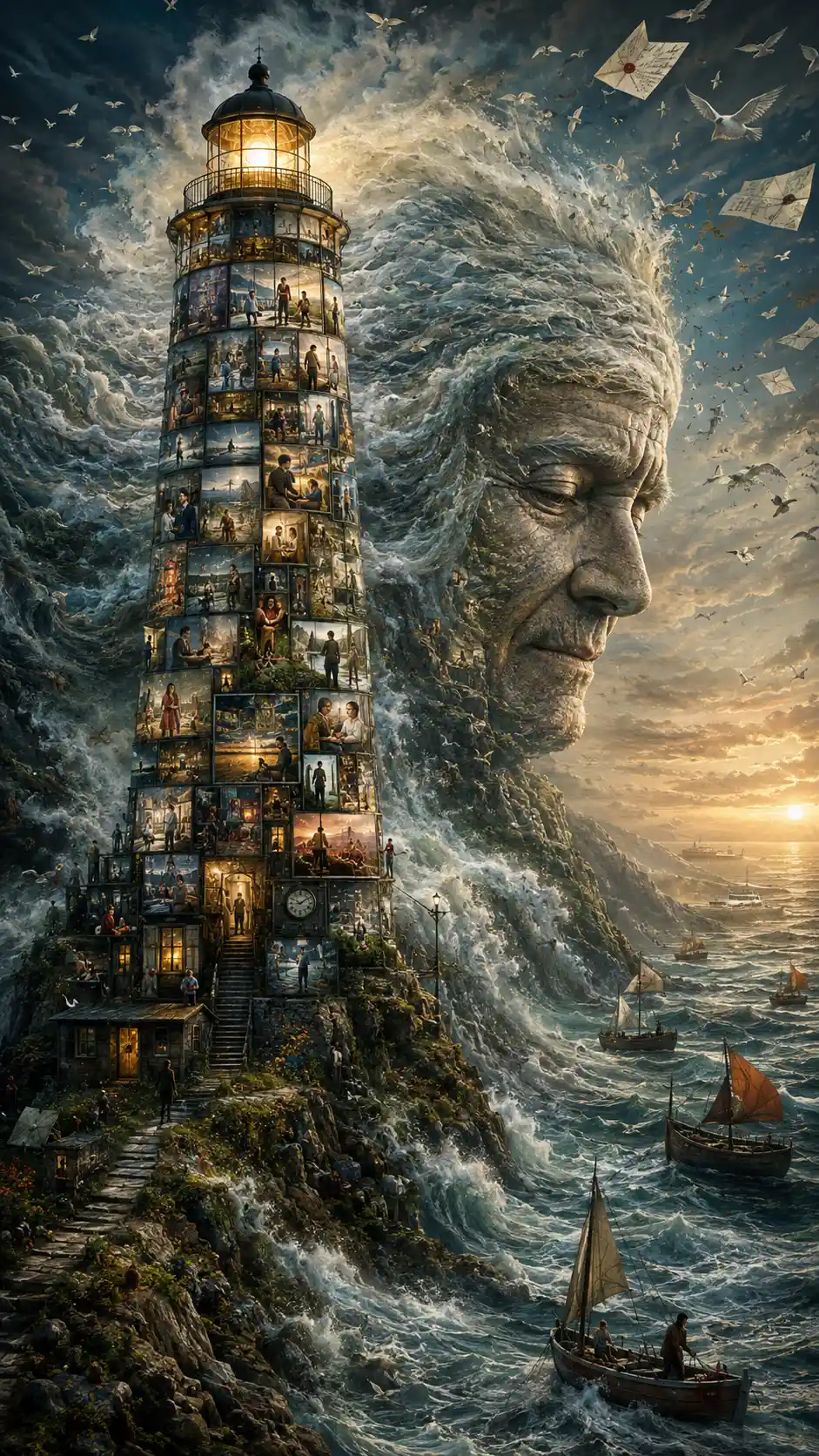 Surreal lighthouse tower rising from a stormy rocky coastline