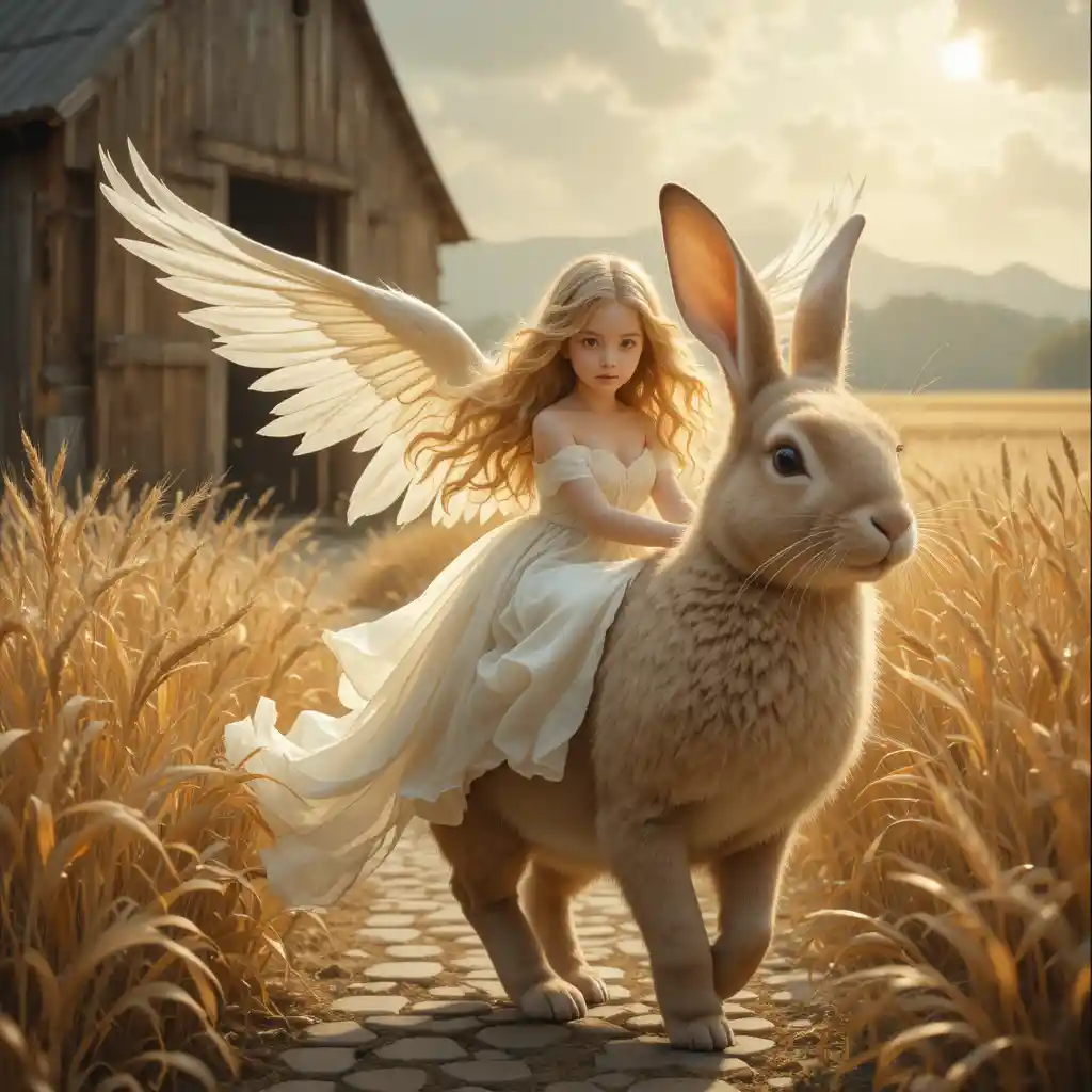 Tiny celestial angel riding a rabbit in golden fields