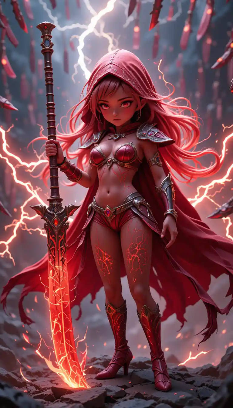 Crimson elf warrior with heavy blade amid floating blades