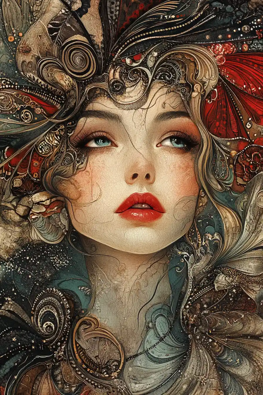 Whimsical fantasy girl portrait with intricate flowing ornaments