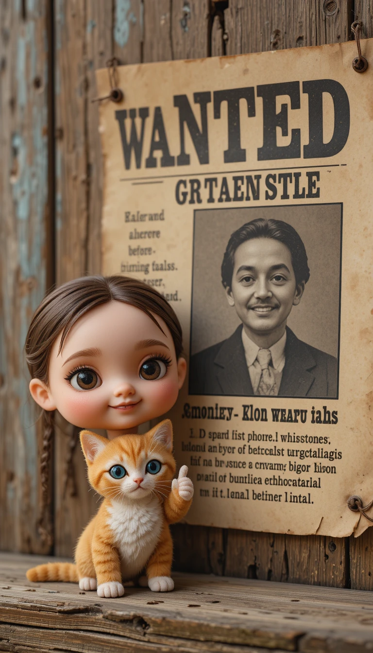 Tiny doll taking a goofy selfie beside a wanted poster