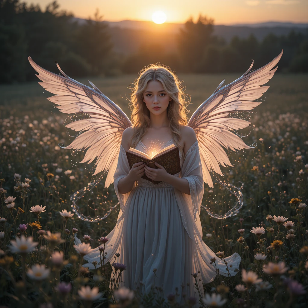 Winged woman holding a glowing book in sunset field