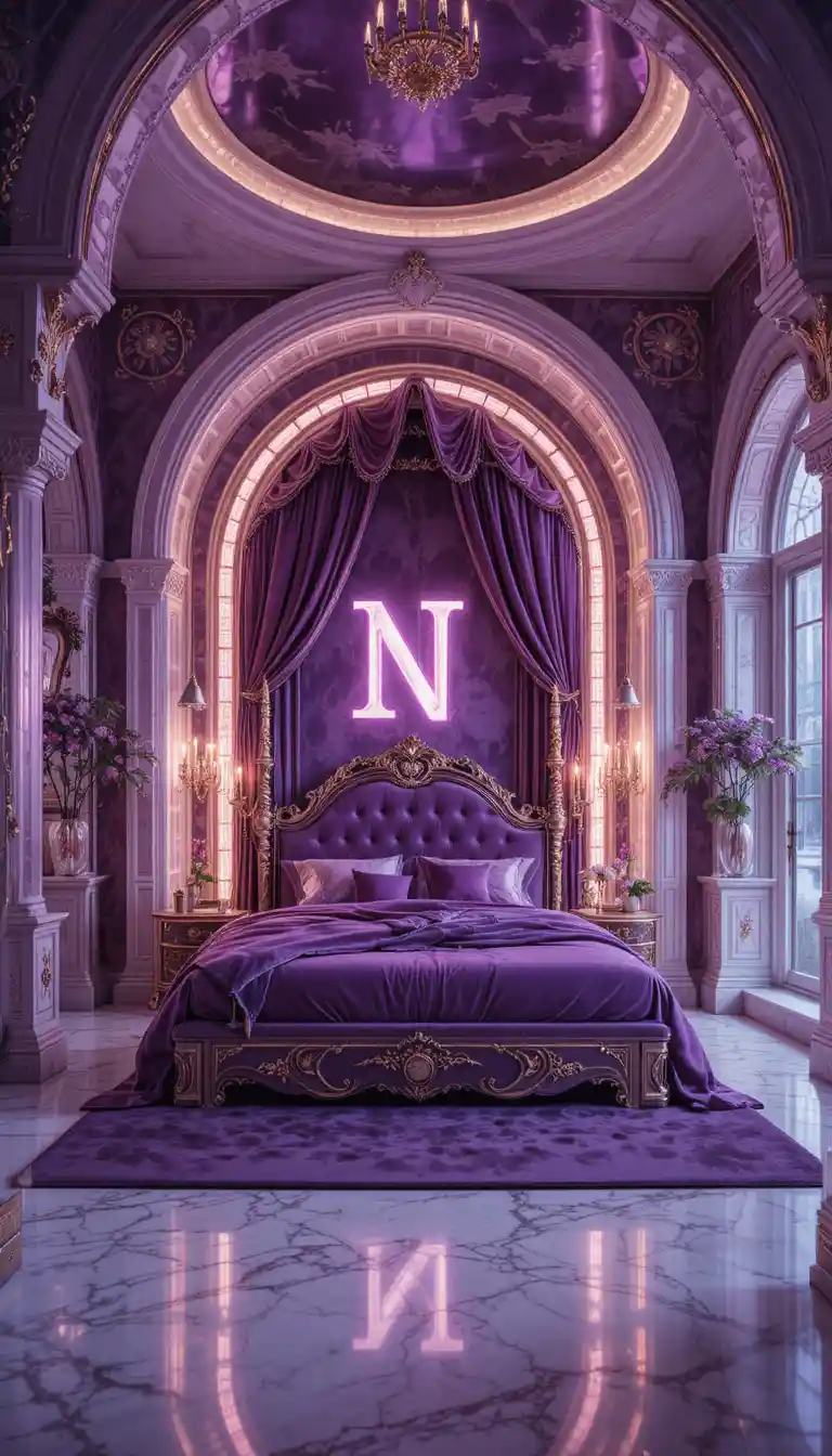 Luxurious amethyst crystal bedroom with glowing letter N decor