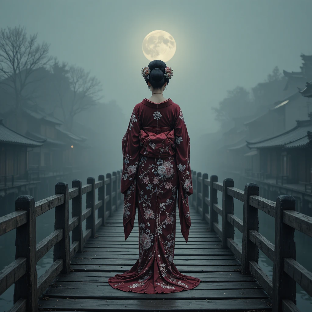 Geisha In Crimson Kimono On Moonlit Wooden Bridge