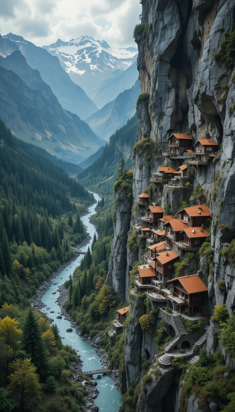 Aerial view of a fantasy mountain village in cliffs
