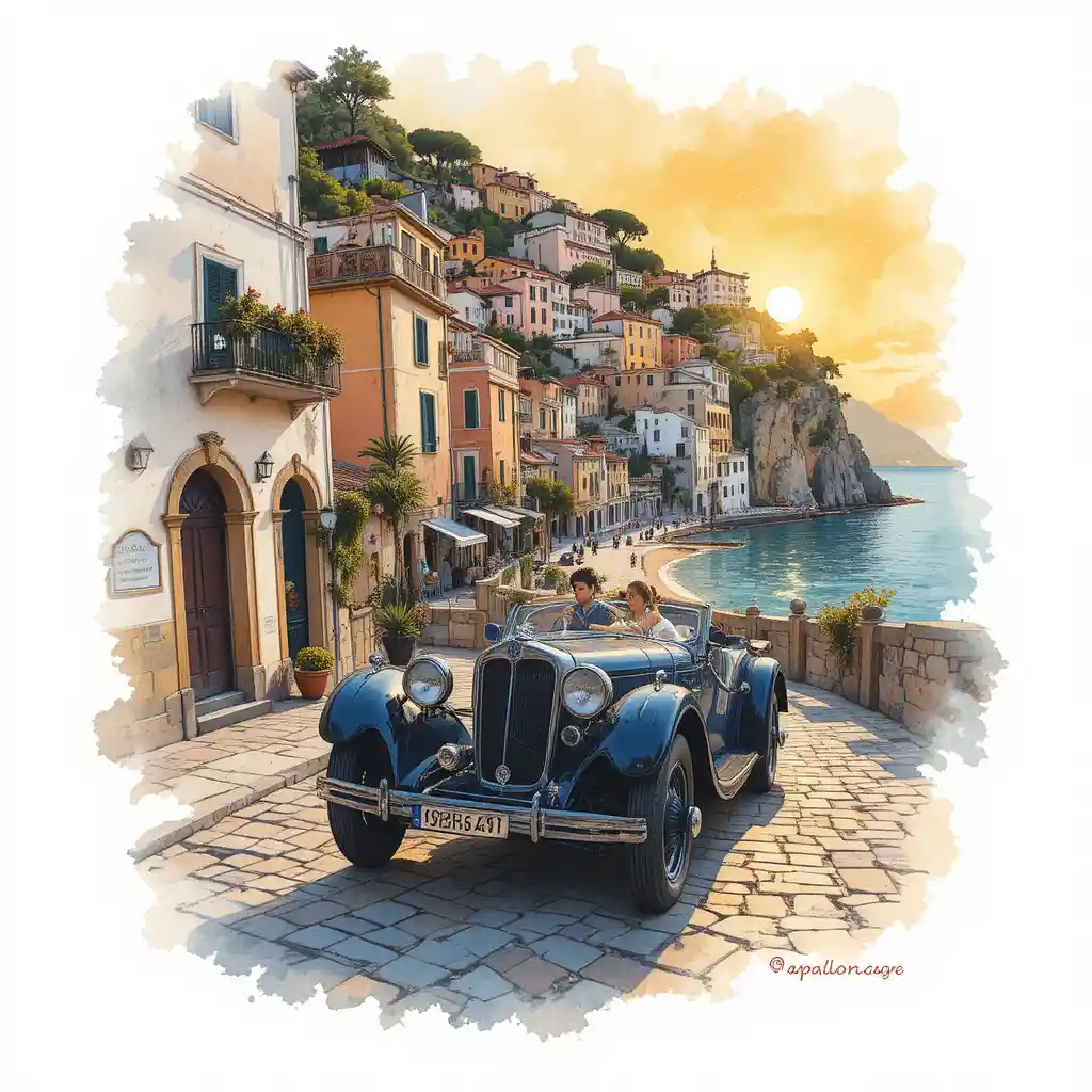 Woman Driving Antique Car Through Positano At Sunset