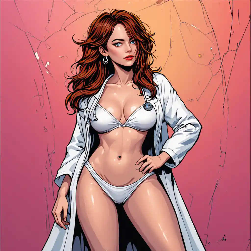Curvy woman in white bikini and lab coat with stethoscope