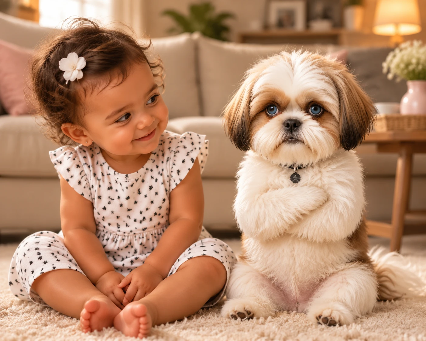 Tierno shih tzu y niña riendo en una sala de estar acogedora