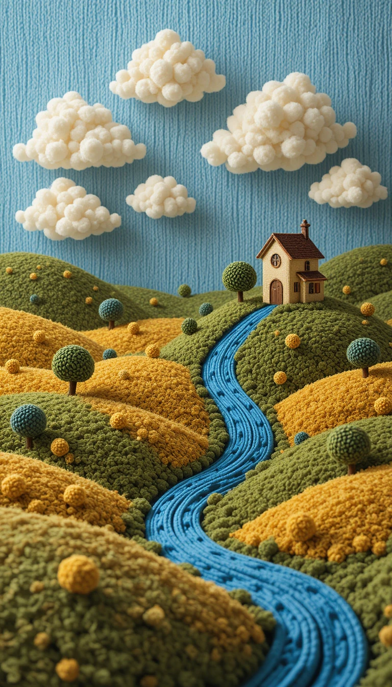 Cozy yarn countryside landscape with cottage and river