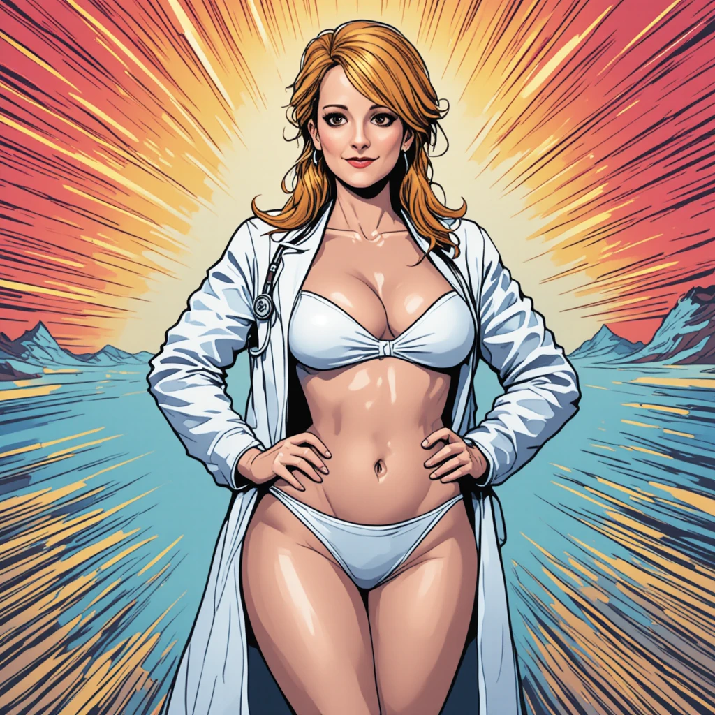 Curvy woman in white bikini and lab coat with stethoscope