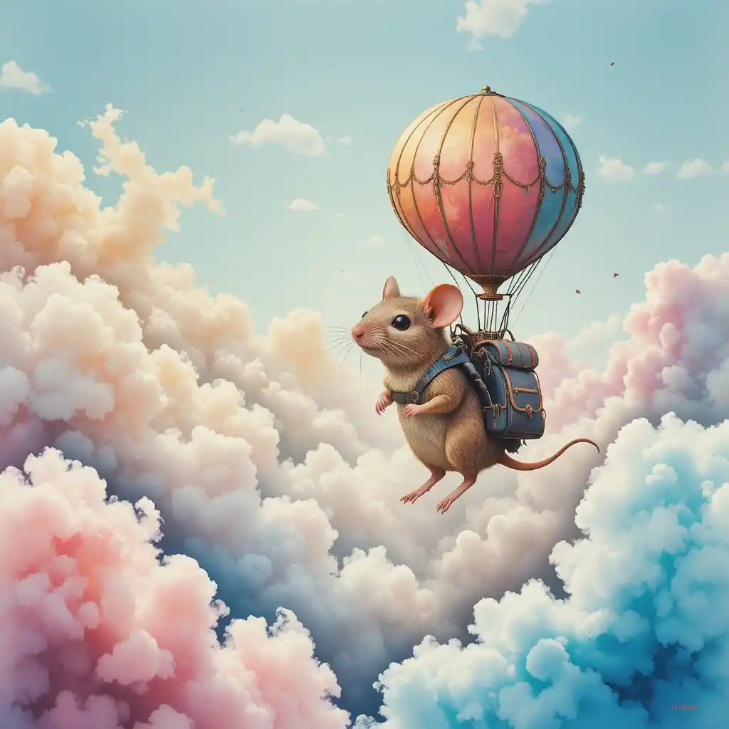 Tiny mouse floating with a balloon backpack in dreamy clouds