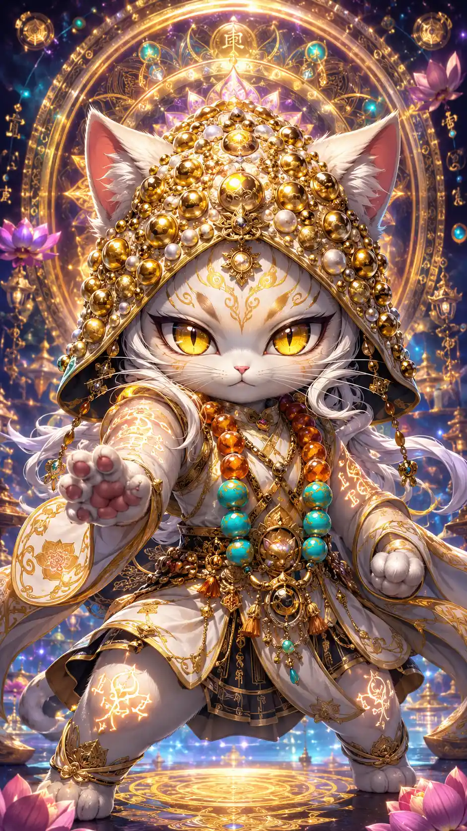Chibi feline monk warrior in a commanding battle stance