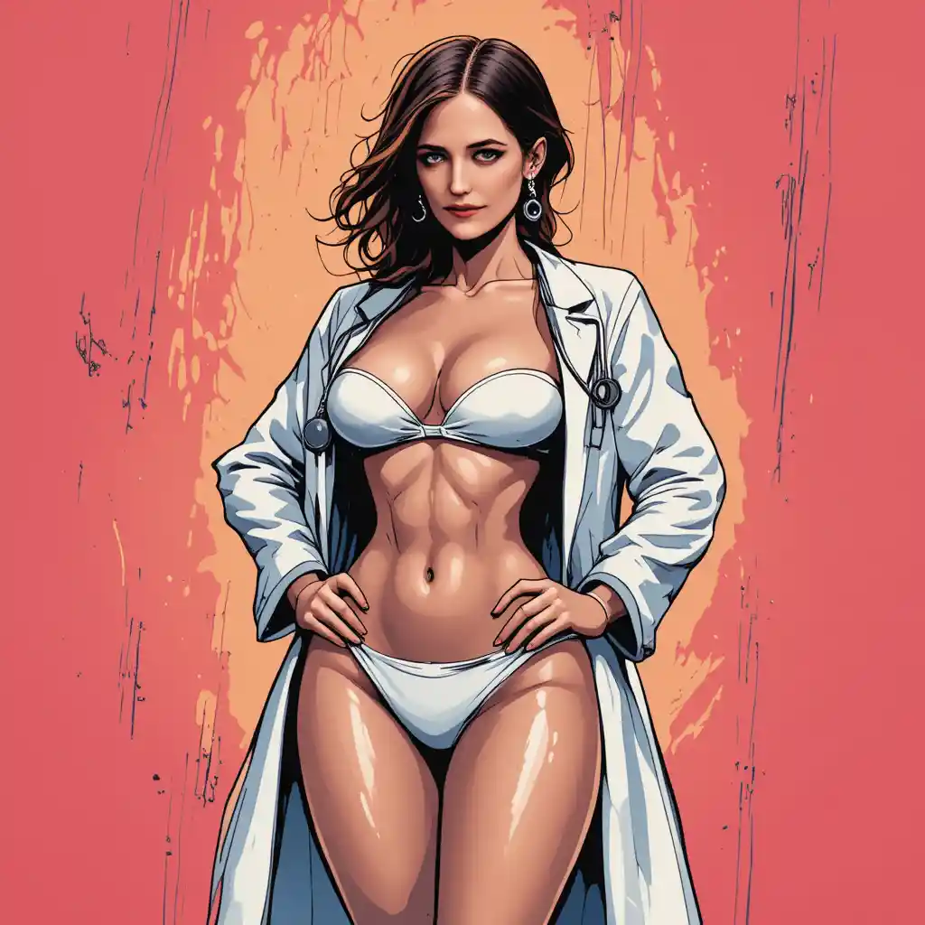 Confident woman in white bikini and lab coat with stethoscope