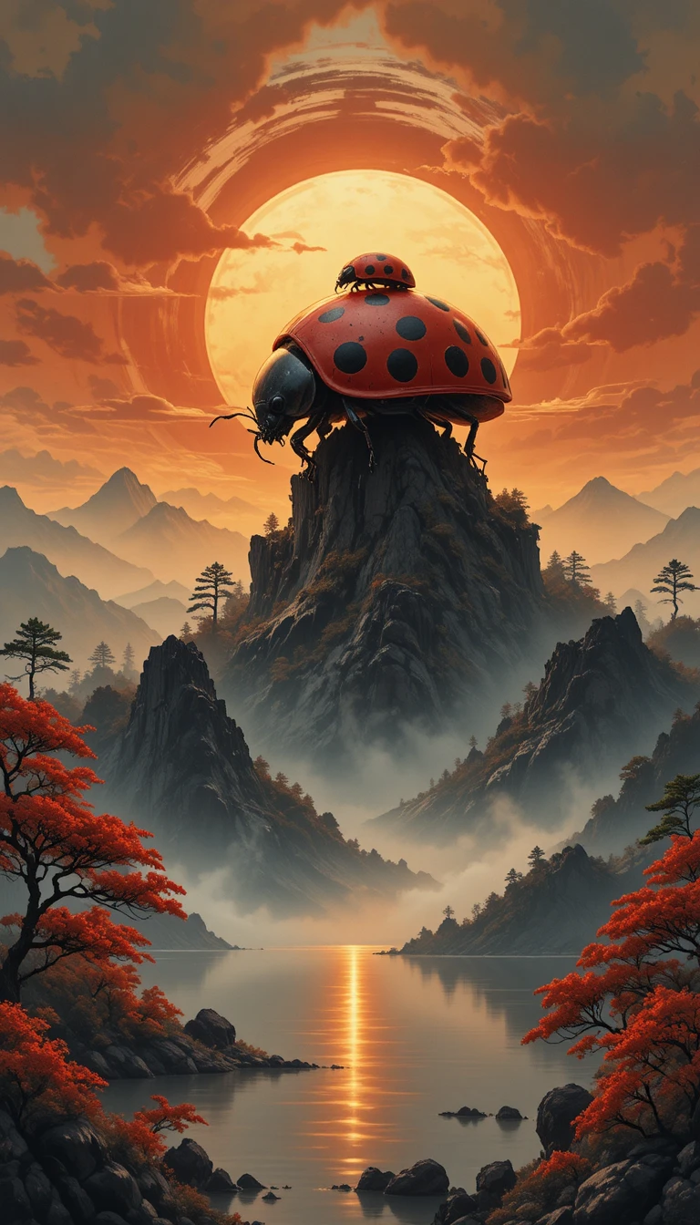 Colossal ladybugs over misty mountains at golden sunrise