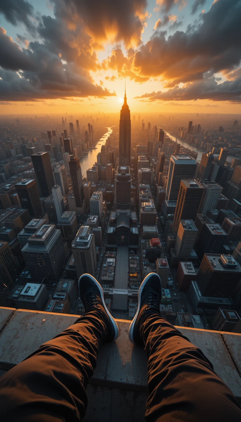 High angle view from skyscraper rooftop over sunset city