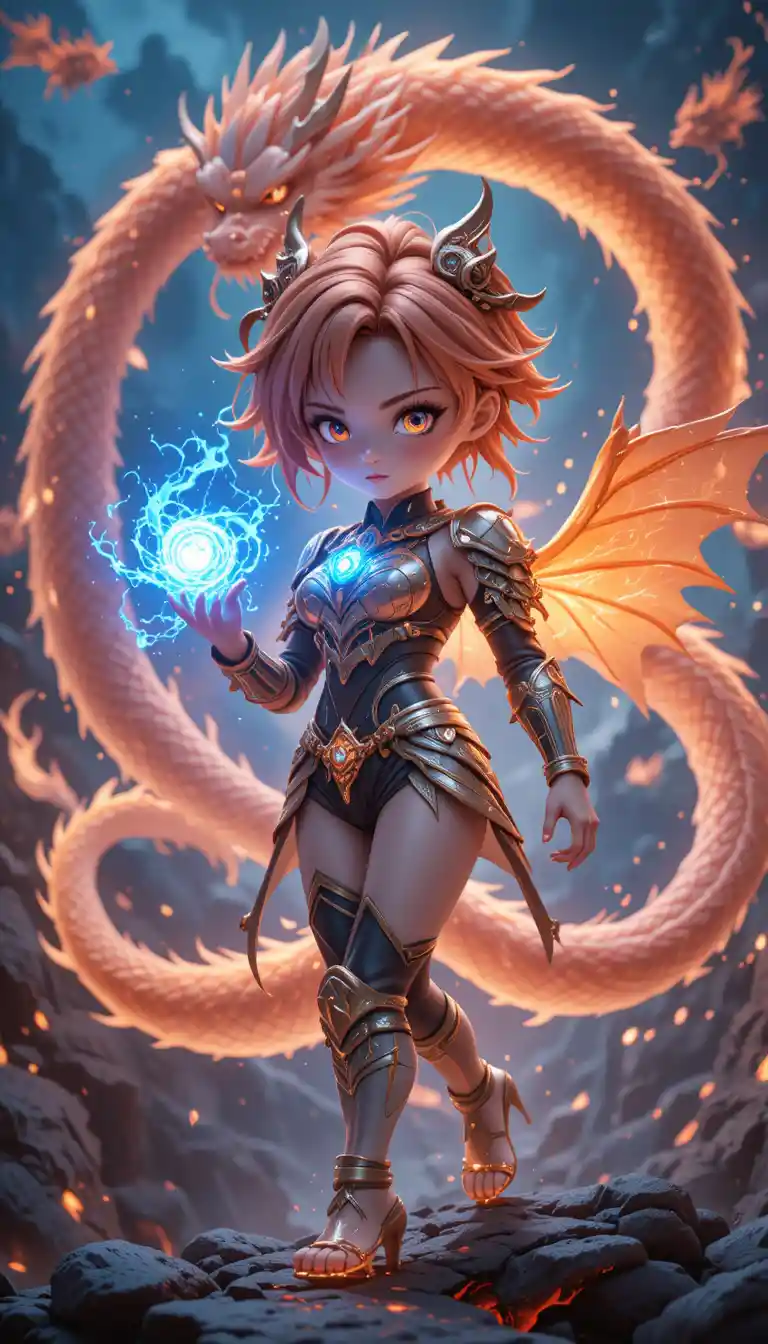 Fiery anime warrior woman with dragon wings in battle