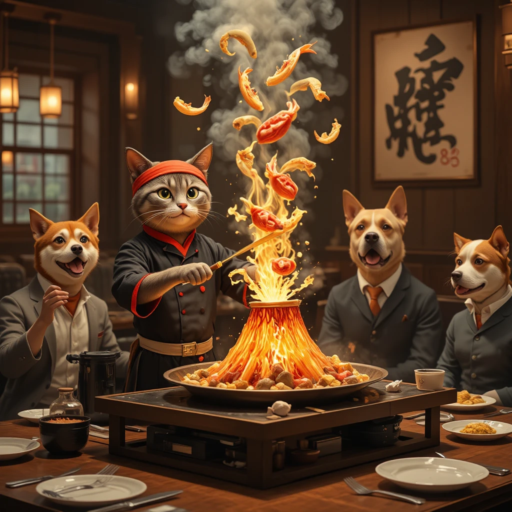 Anthropomorphic Cat Chef At Teppanyaki Grill Table
