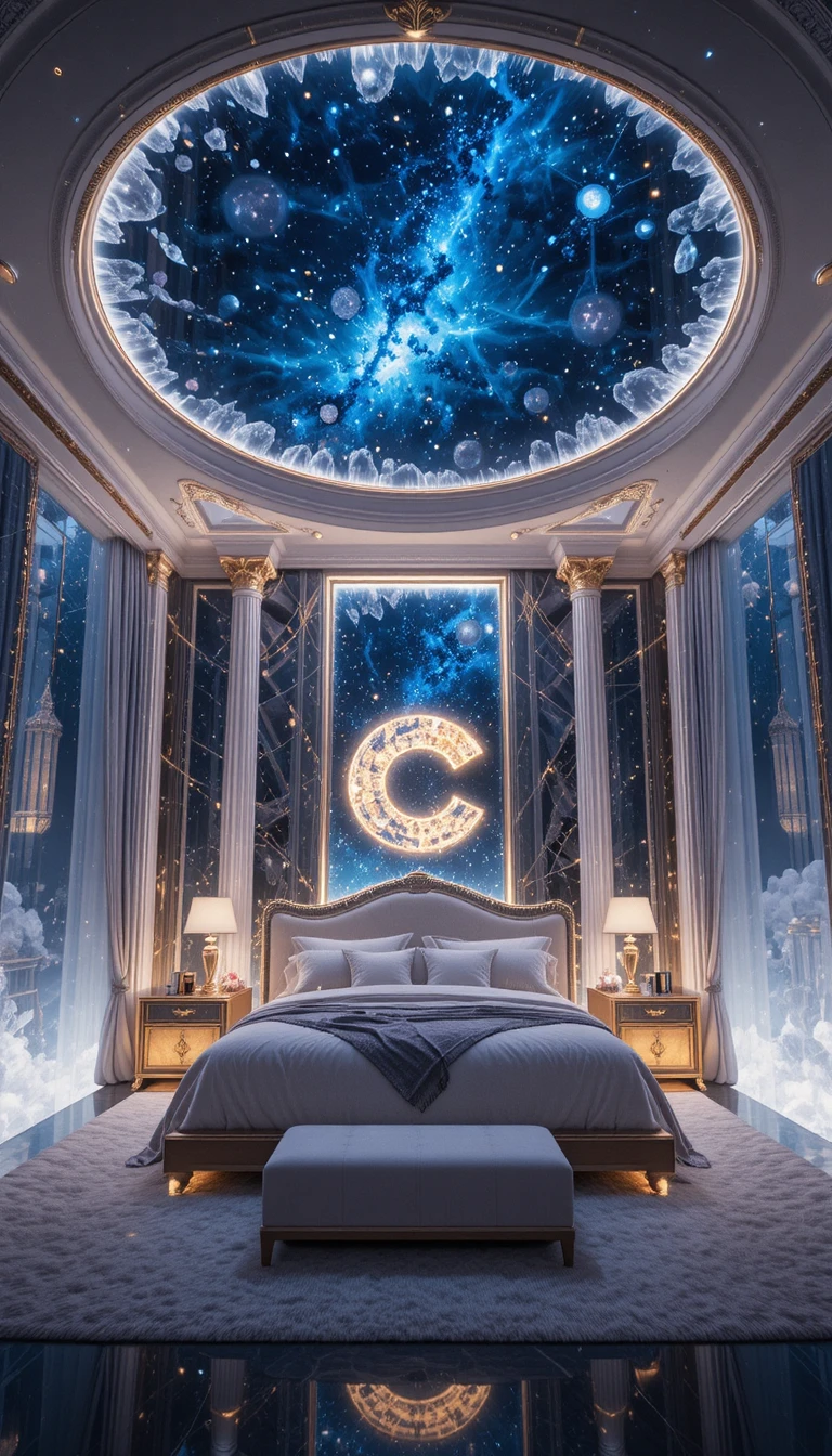 Futuristic crystal bedroom with glowing galaxy ceiling