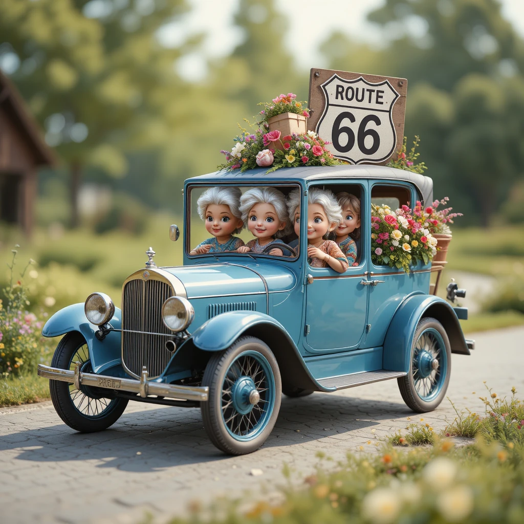Vintage blue car of grandmothers on a joyful road trip