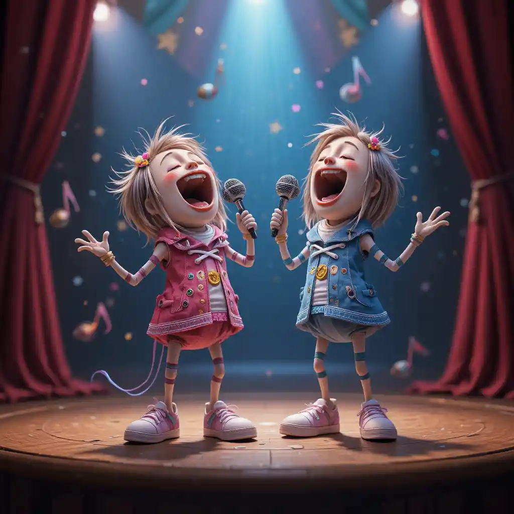Anthropomorphic tennis shoes sing together on a colorful stage