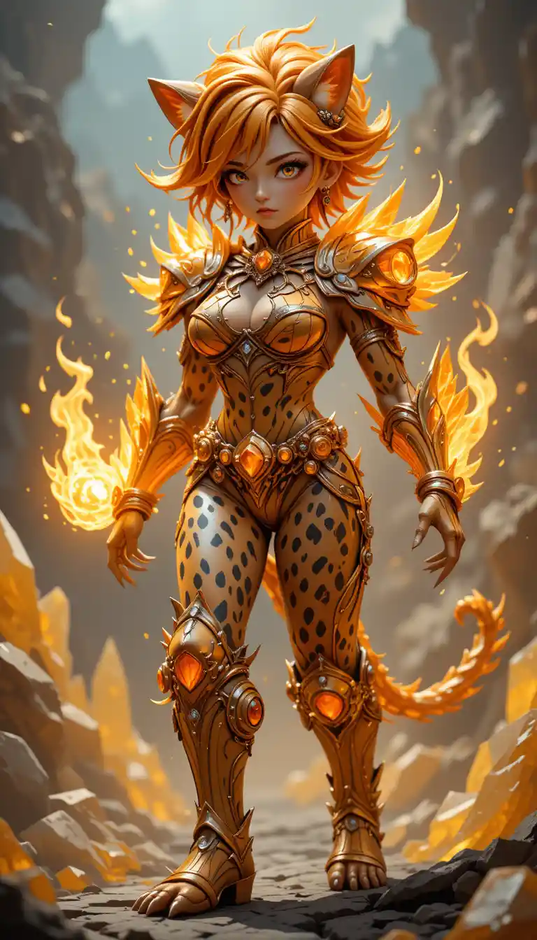 Leopard skinned fantasy warrior woman with glowing crystal armor