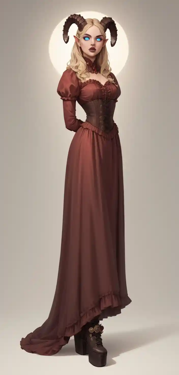 Young tiefling woman in red steampunk Victorian gown