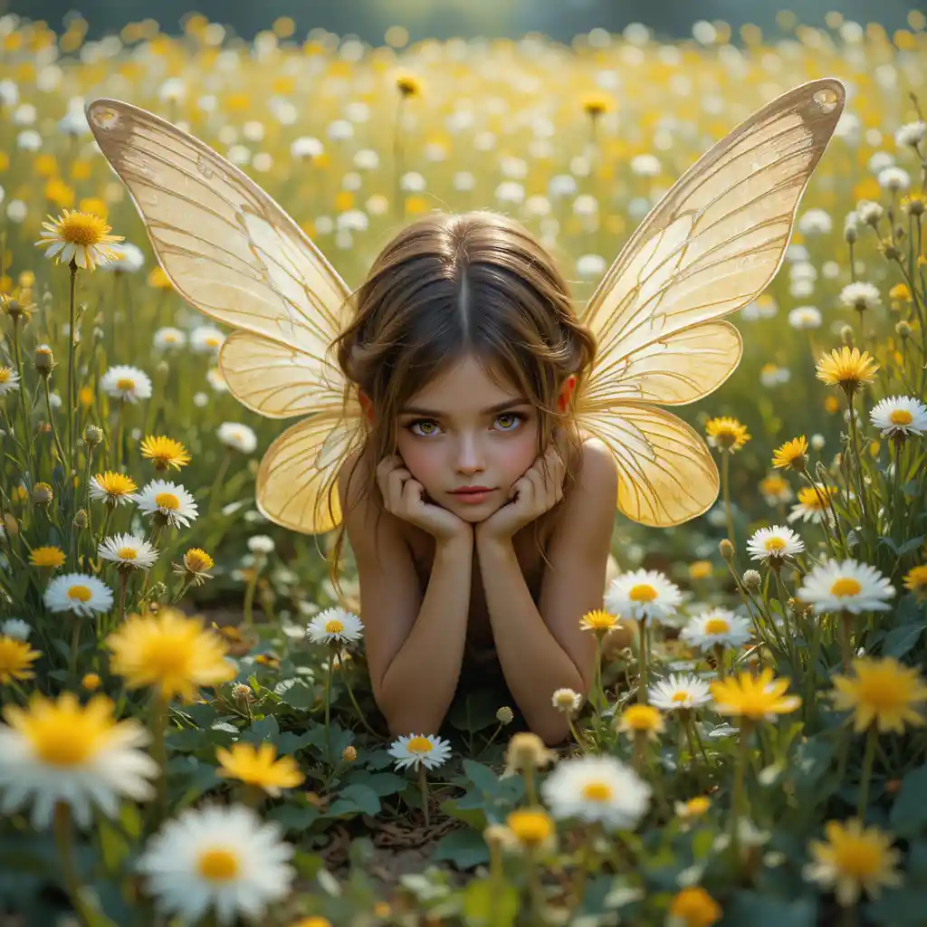 Tiny fairy with translucent wings in a dandelion field