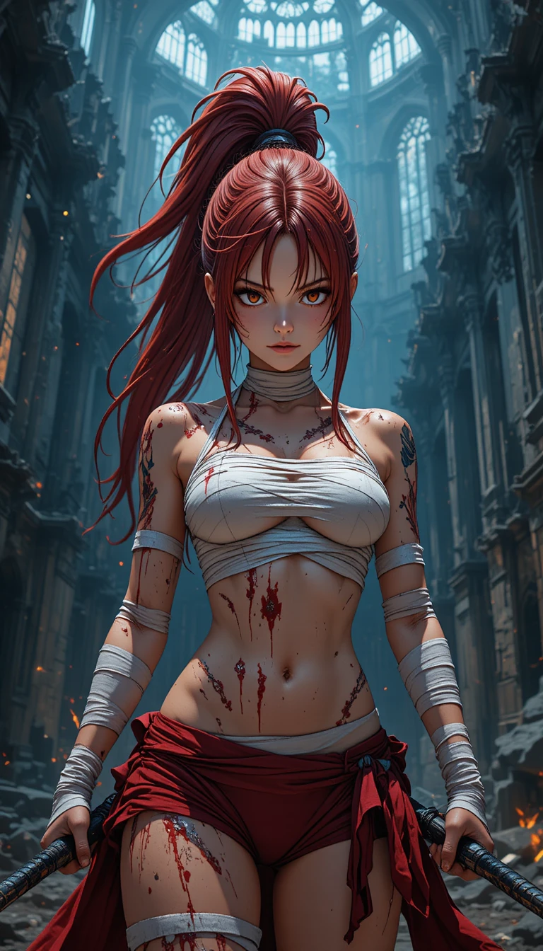 Battle scarred anime warrior in ruined gothic cathedral