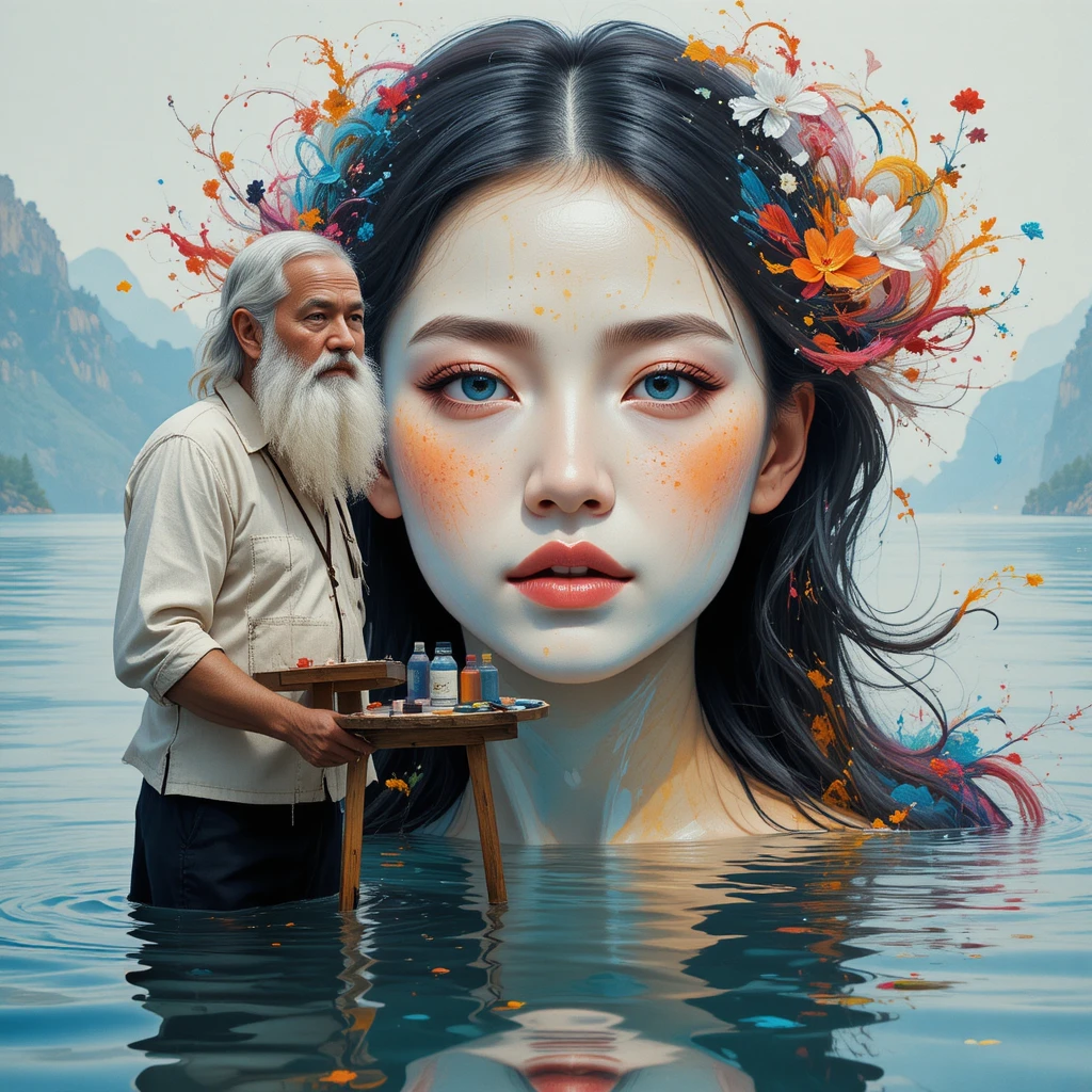 Elderly painter creating a surreal portrait on lake water