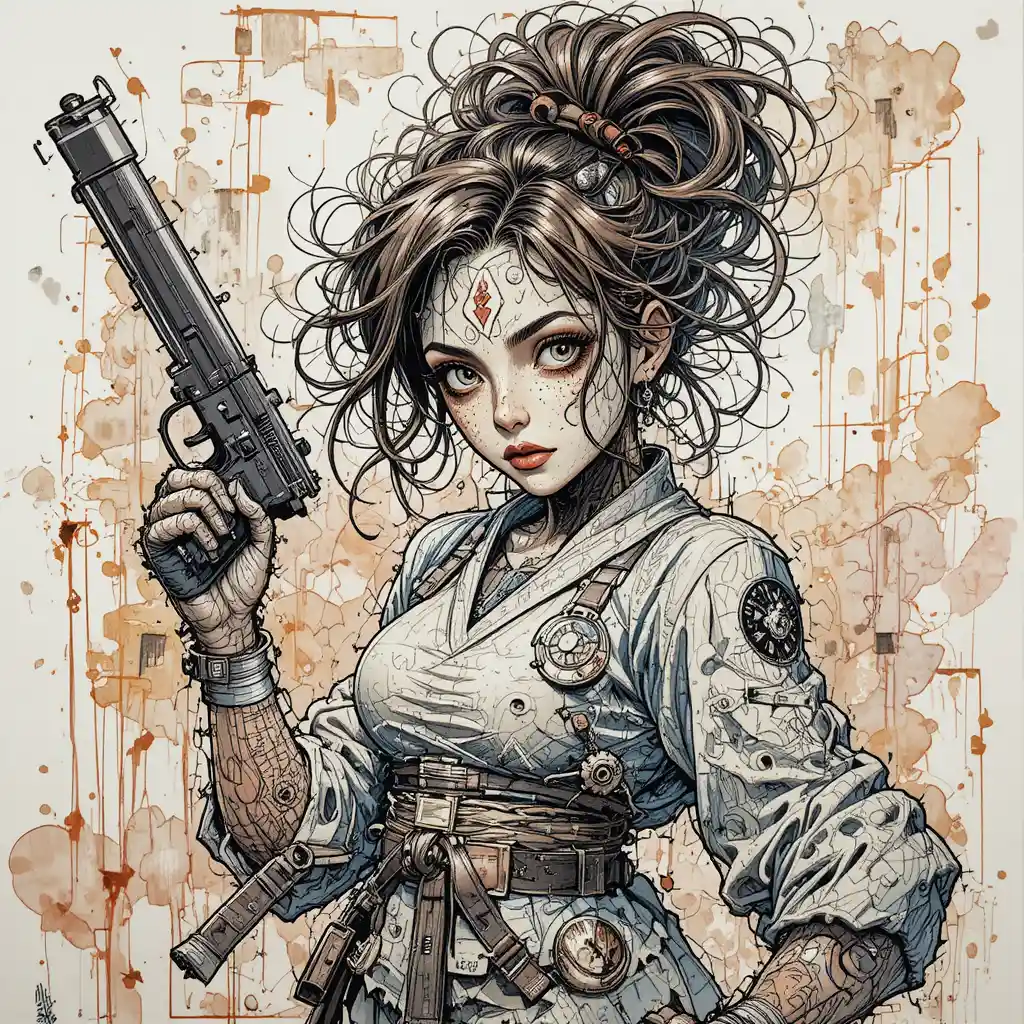 Intense female warrior ready to fight in bold ink art