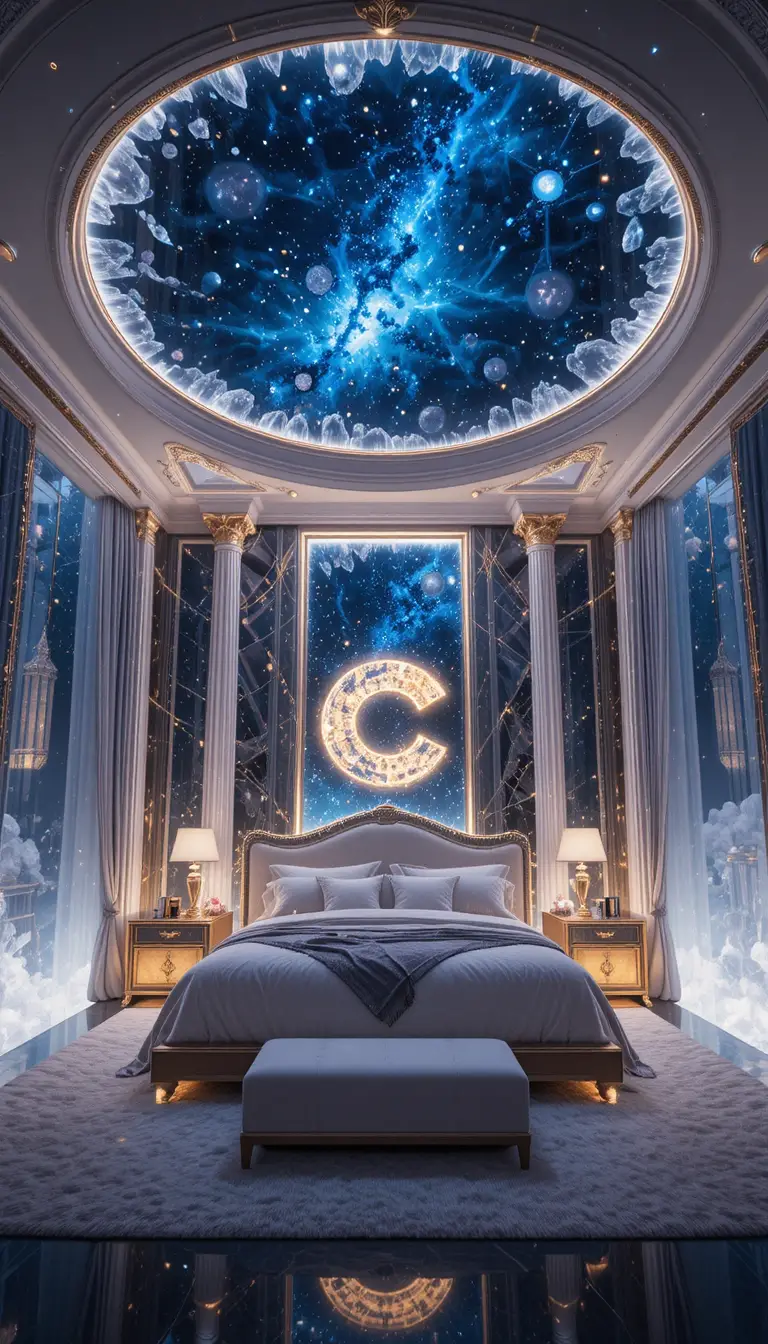 Futuristic crystal bedroom with glowing galaxy ceiling