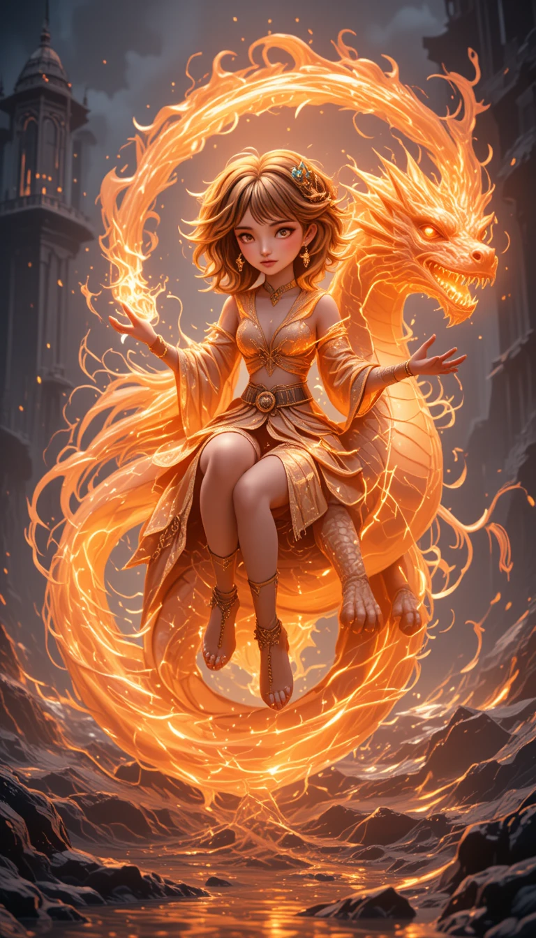 Anime girl riding a huge glowing dragon with baby dragons