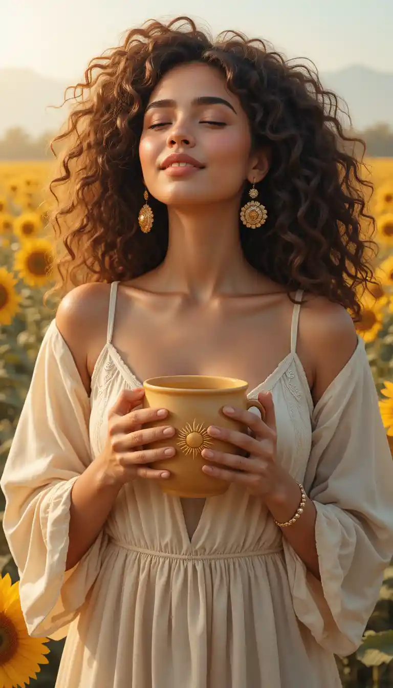 Smiling woman with sunlit curls holding a sunflower mug