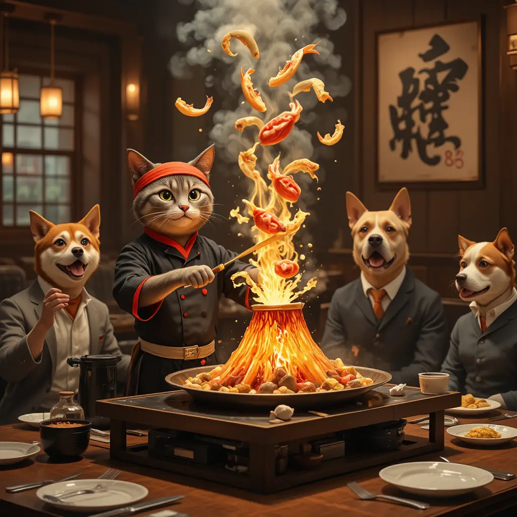 철판구이 그릴 테이블의 의인화 고양이 셰프