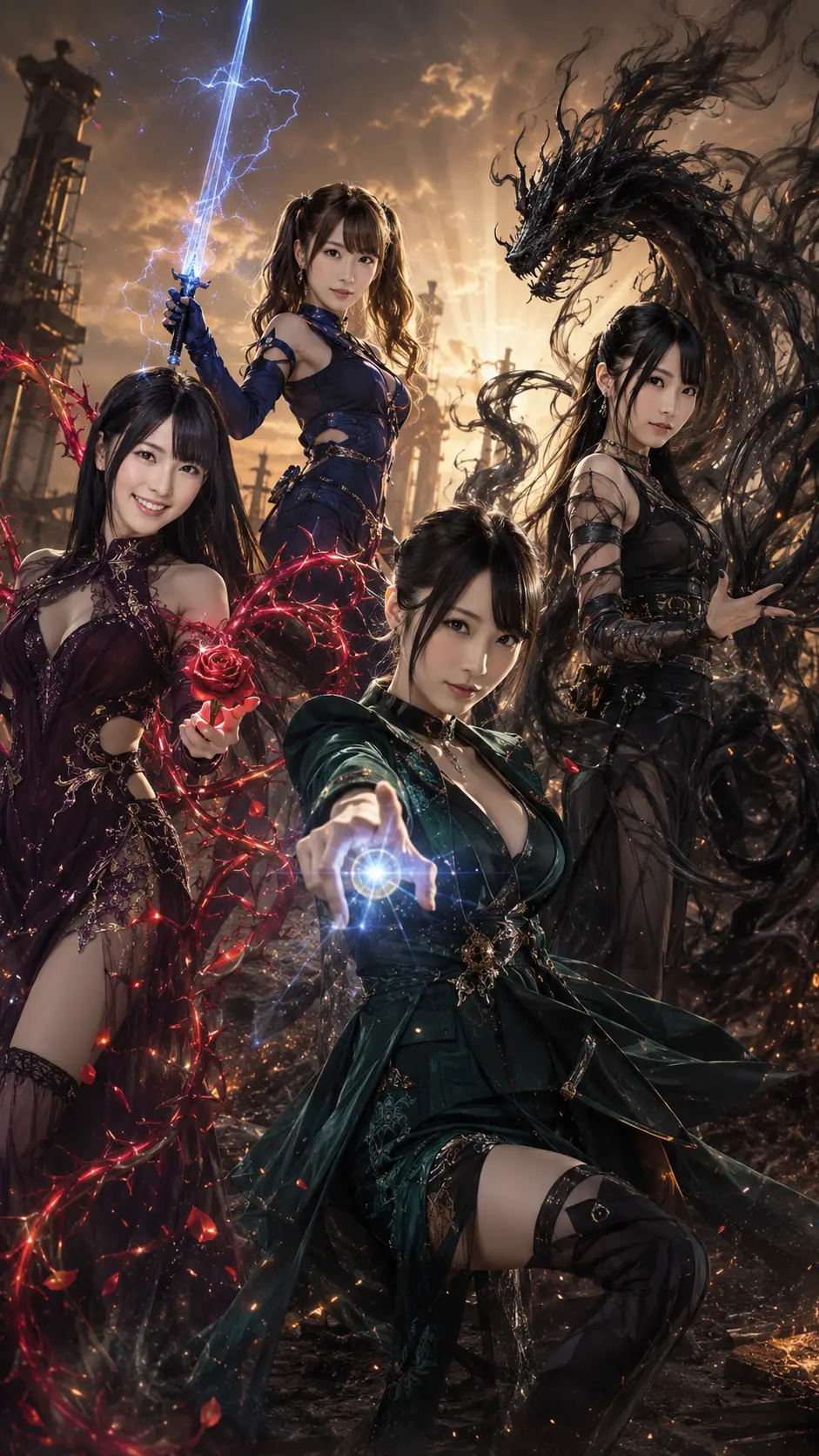 Four magical women in industrial ruins at sunset