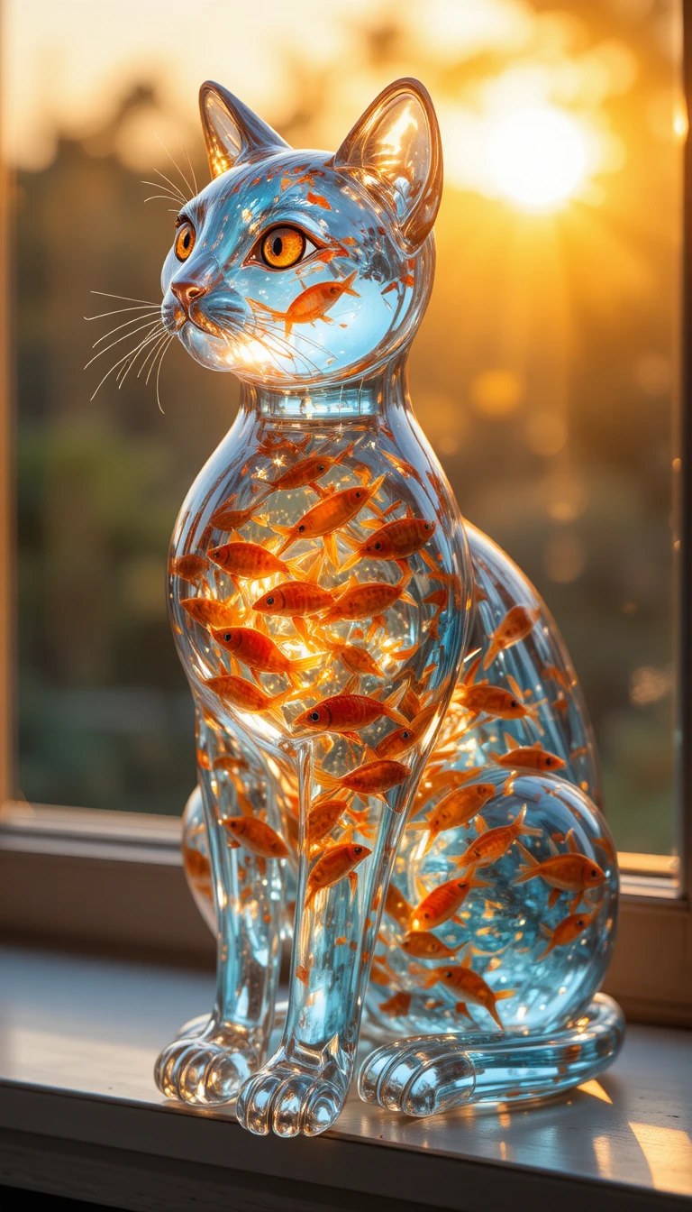 Glass cat sculpture filled with colorful tropical fish