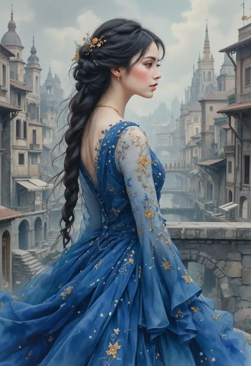 Watercolor portrait of an ethereal woman in a blue gown