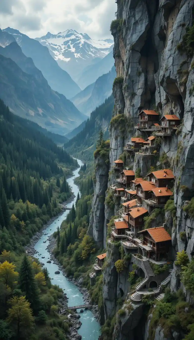Aerial view of a fantasy mountain village in cliffs