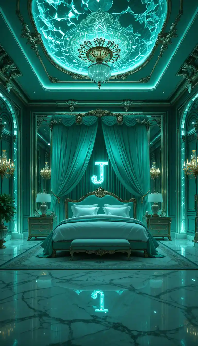 Luxurious jade green crystal bedroom with glowing neon accents