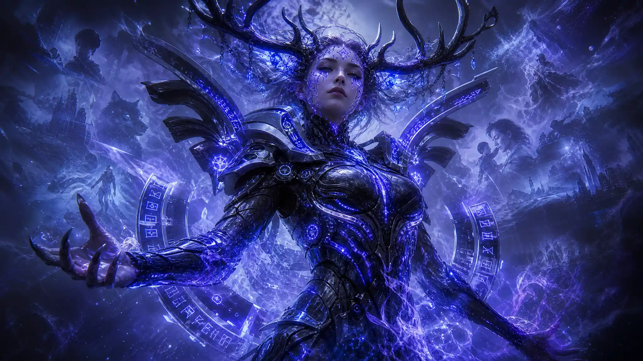 Cybernetic woman with antlers emerging in swirling blue energy