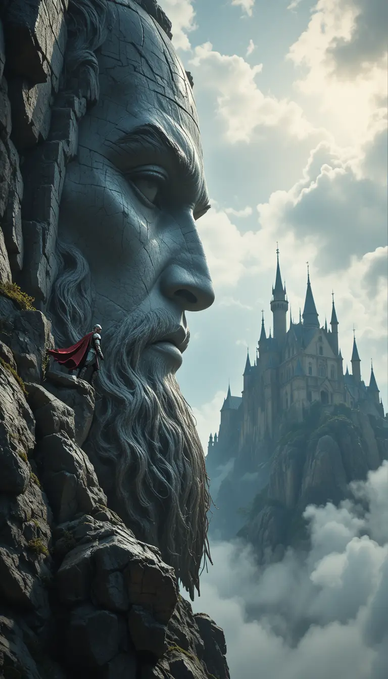 Knight climbing a colossal stone face beneath gothic castle