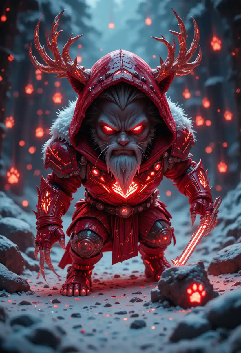 Crystal tabby cat warrior in glowing rune armor
