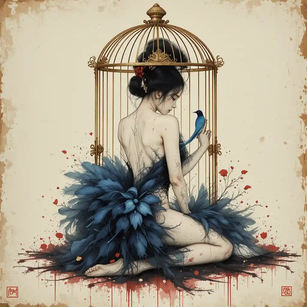 Ballerina curled in feathers with cage and blue bird
