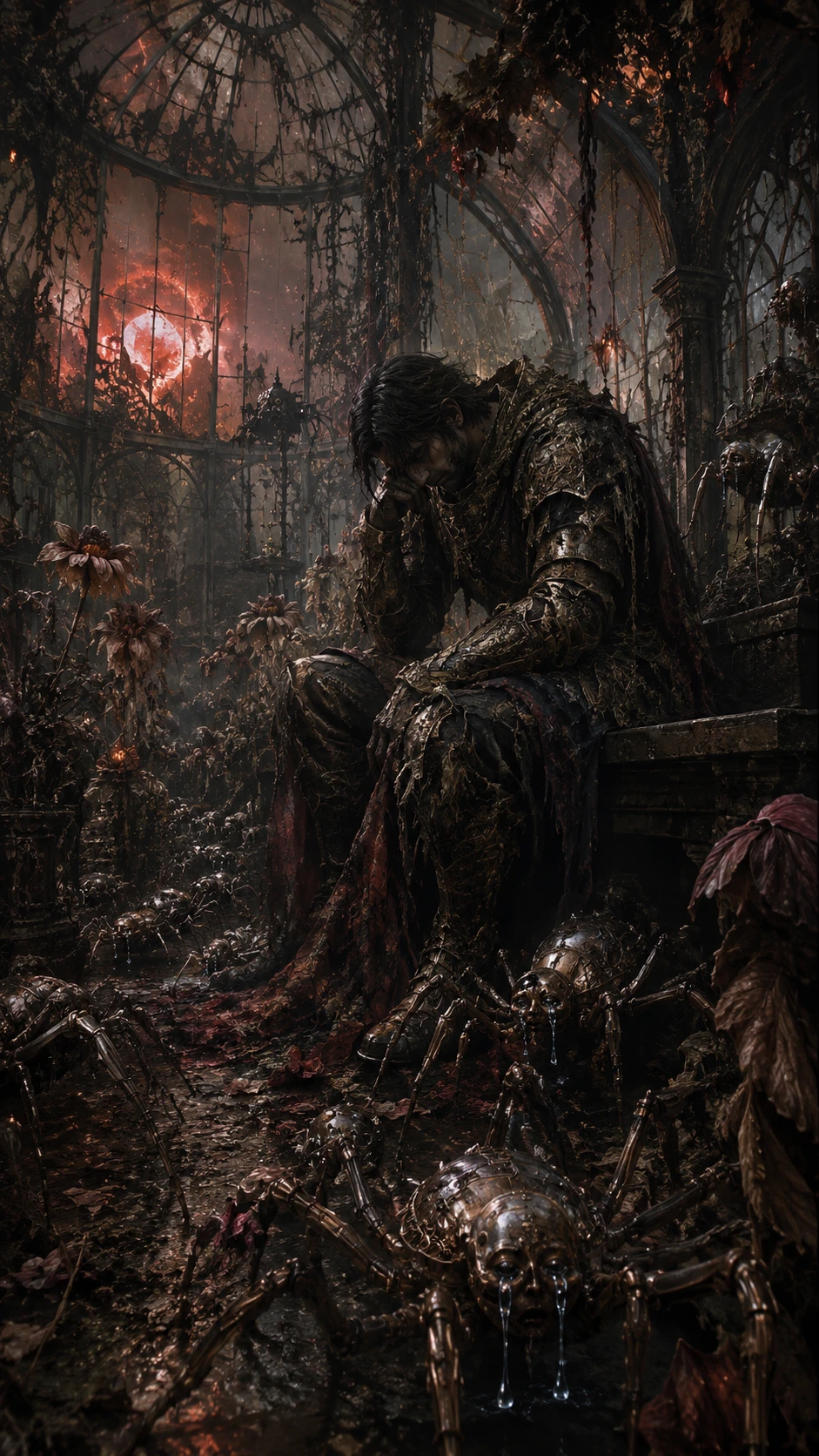Melancholic warrior resting alone in a ruined greenhouse