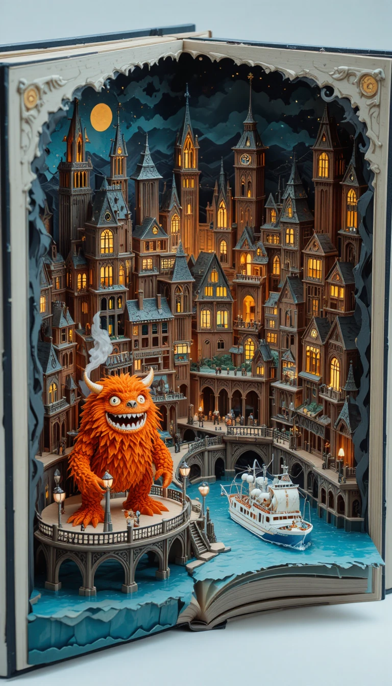 Papercraft pop up city with harbor monster and trains