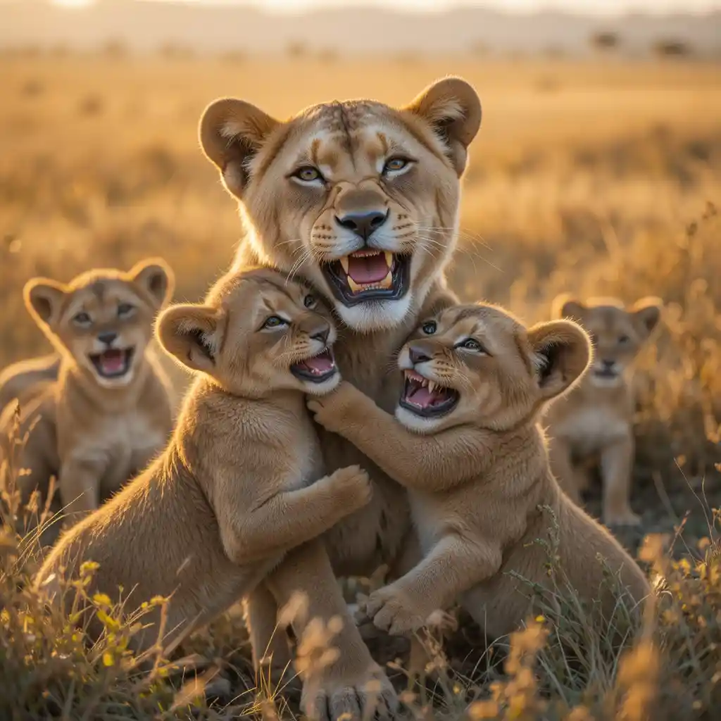 Playful lion cubs with mother in warm savanna light