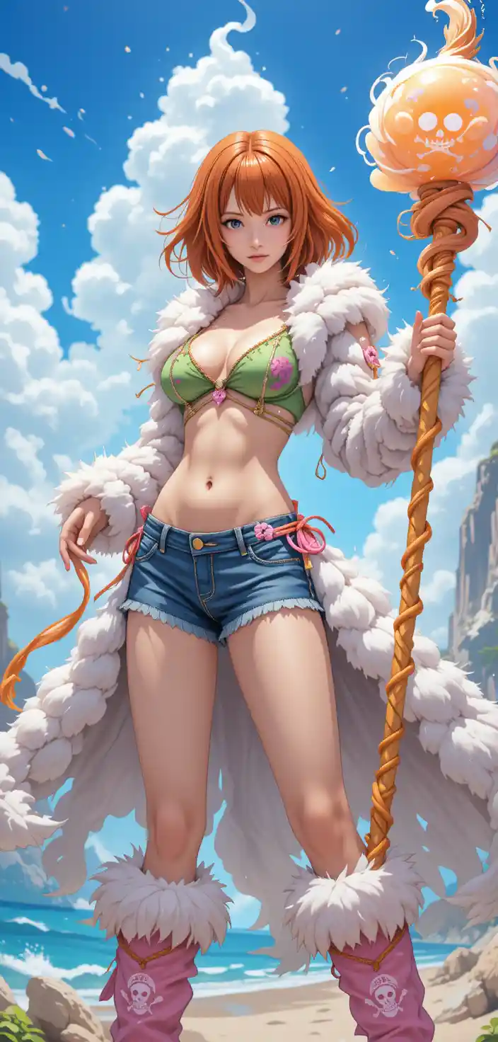 Anime woman in cloud outfit posing on sunny island shore